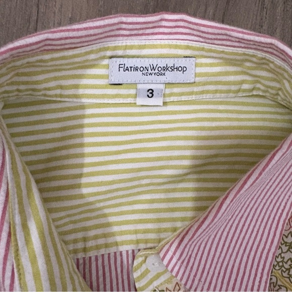 FlatIron Workshop Button-Up Top Sz 3 Long Sleeve Green Pink Trees Stripe Preppy - Picture 12 of 14
